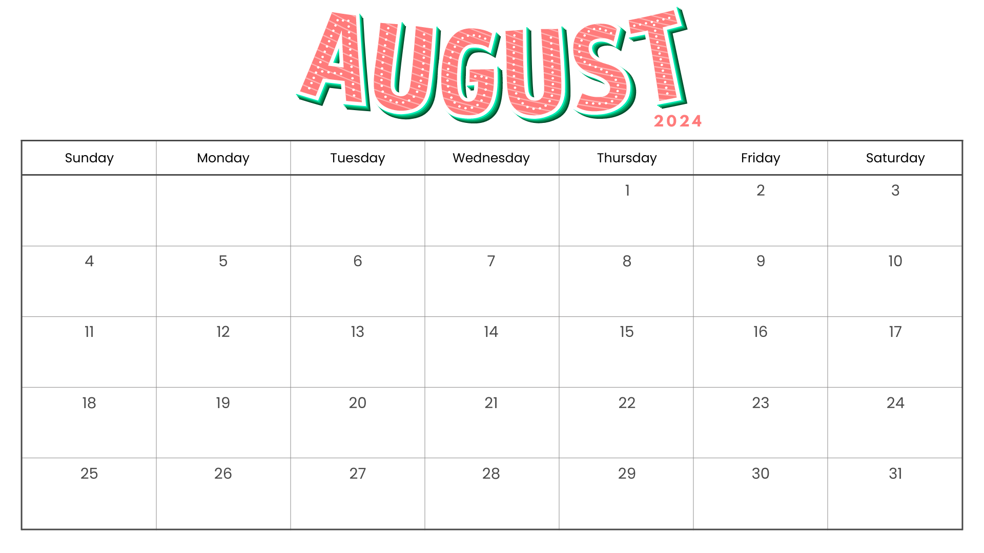 Looking for a free printable AUGUST 2024 calendar? Stay organized and plan your month with ease using my downloadable month AUGUST cute calendars. Sunday start blank AUGUST calendars! Use as work or school calendars.