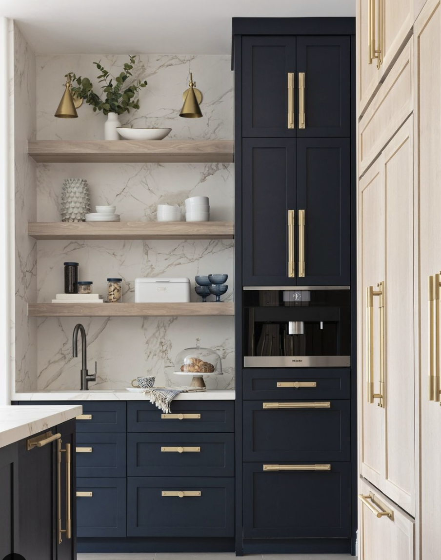 Top 5 Trending Colors for Kitchen Hardware: two toned kitchen with gold hardware