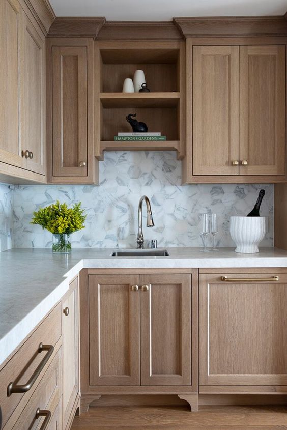 Natural Oak Cabinets With White Countertops